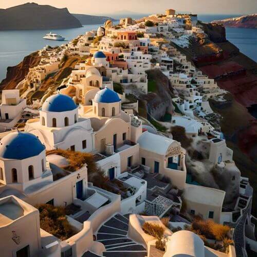 Sunset over Santorini's white-washed buildings, one of the most beautiful places in the world.