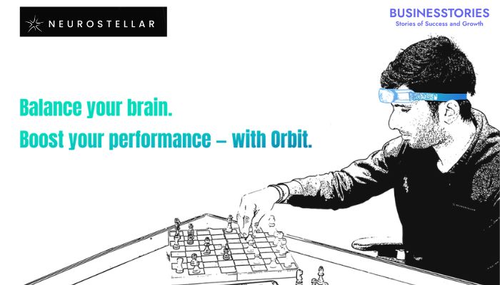 Person concentrating deeply while wearing Neurostellar Orbit headband for mental fitness tracking