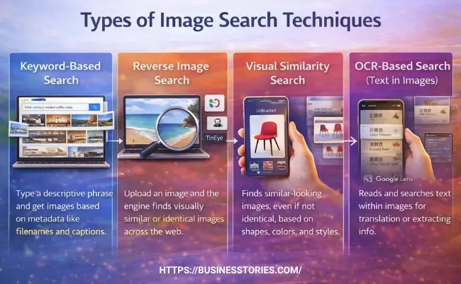 Types of image search techniques including keyword-based search, reverse image search, visual similarity search, and OCR-based text recognition explained in a infographic