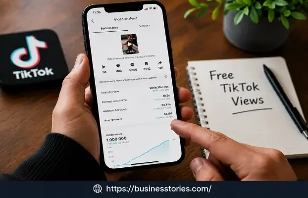 Free TikTok Views 100% working methods and tools 2026 guide showing TikTok analytics growth on smartphone