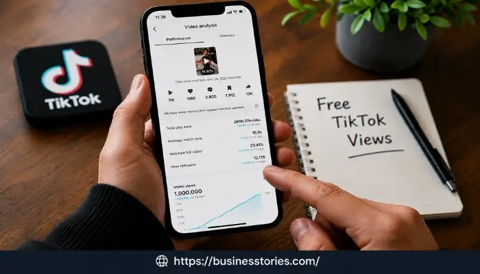 Free TikTok Views 100% working methods and tools 2026 guide showing TikTok analytics growth on smartphone