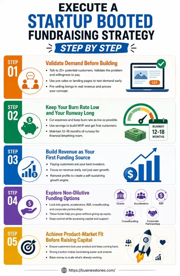 Startup Booted Fundraising Strategy infographic showing step-by-step process to raise startup capital, including validating demand, reducing burn rate, generating revenue, exploring non-dilutive funding, and achieving product-market fit.
