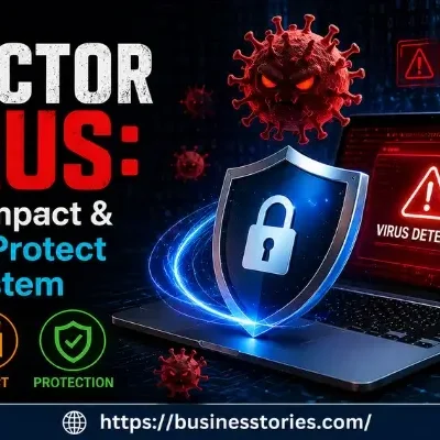 Infector virus types impact and how to protect your system cybersecurity illustration with laptop and security shield