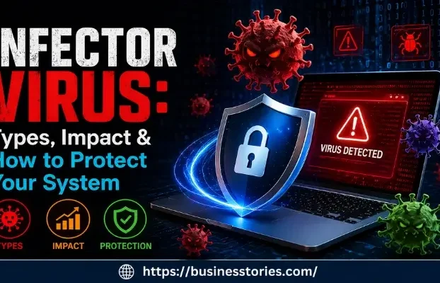 Infector virus types impact and how to protect your system cybersecurity illustration with laptop and security shield