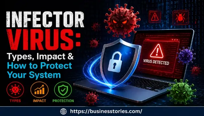 Infector virus types impact and how to protect your system cybersecurity illustration with laptop and security shield