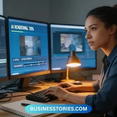 Woman editing videos on multiple screens, illustrating Your Topics Multiple Stories for powerful content creation.