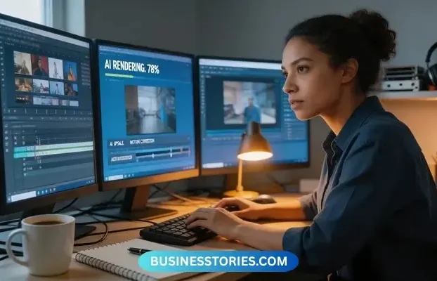 Woman editing videos on multiple screens, illustrating Your Topics Multiple Stories for powerful content creation.