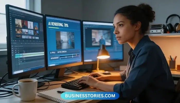 Woman editing videos on multiple screens, illustrating Your Topics Multiple Stories for powerful content creation.
