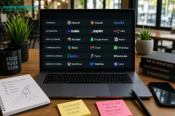 AI business tools dashboard displayed on a laptop in a modern workspace.