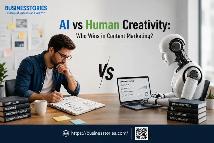 AI vs human creativity comparison in content marketing showing artificial intelligence and a human content creator working side by side.