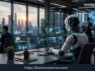Autonomous AI workers collaborating in a futuristic business office in 2026