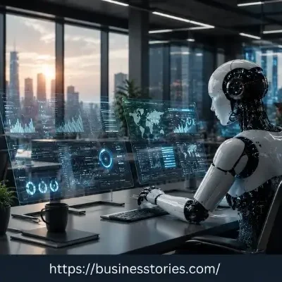 Autonomous AI workers collaborating in a futuristic business office in 2026