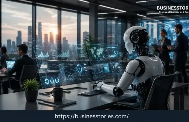 Autonomous AI workers collaborating in a futuristic business office in 2026
