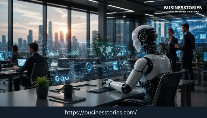Autonomous AI workers collaborating in a futuristic business office in 2026
