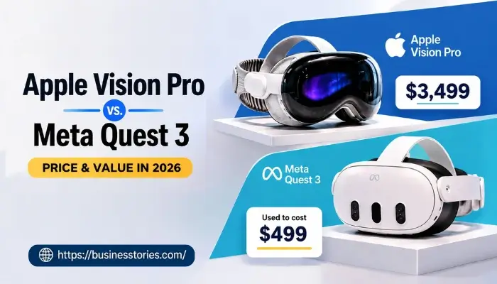 Apple Vision Pro vs Meta Quest 3 price comparison 2026 showing $3,499 Apple Vision Pro and $499 Meta Quest 3 VR headsets 
