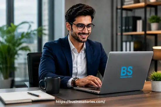 Professional AI automation consultant working on a laptop in a modern office, representing innovative Ways to Make Money Online Using AI Tools through business automation, AI consulting, and digital services.
