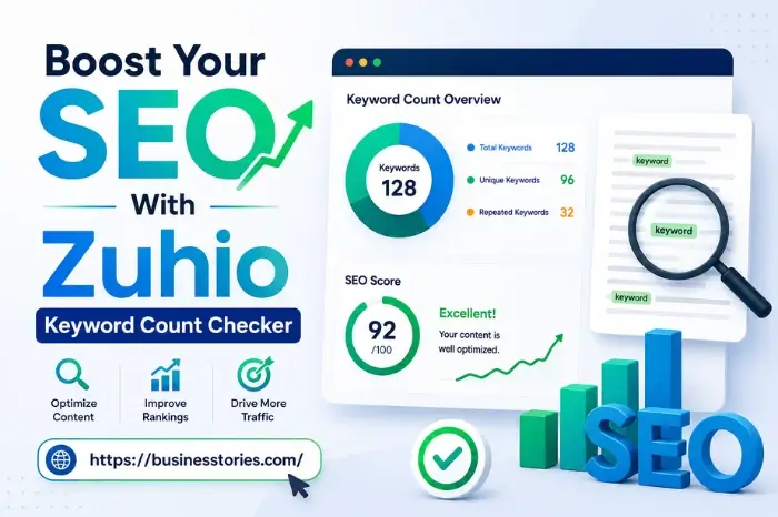 Boost Your SEO with Zuhio Keyword Count Checker featuring keyword analysis dashboard, SEO score metrics, content optimization tools, and traffic growth insights.