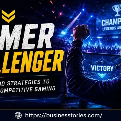 Gamer Challenger Skills and Strategies to Dominate Competitive Gaming banner featuring a competitive gamer celebrating esports victory
