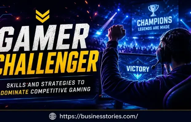 Gamer Challenger Skills and Strategies to Dominate Competitive Gaming banner featuring a competitive gamer celebrating esports victory