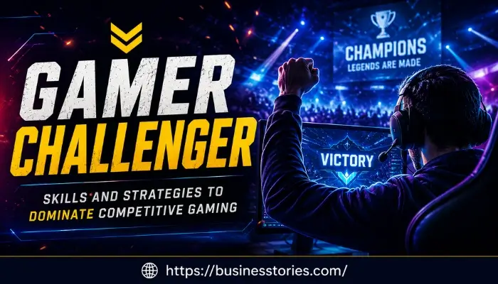Gamer Challenger Skills and Strategies to Dominate Competitive Gaming banner featuring a competitive gamer celebrating esports victory
