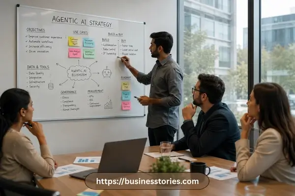 Business team planning a practical agentic AI strategy in a modern office meeting room