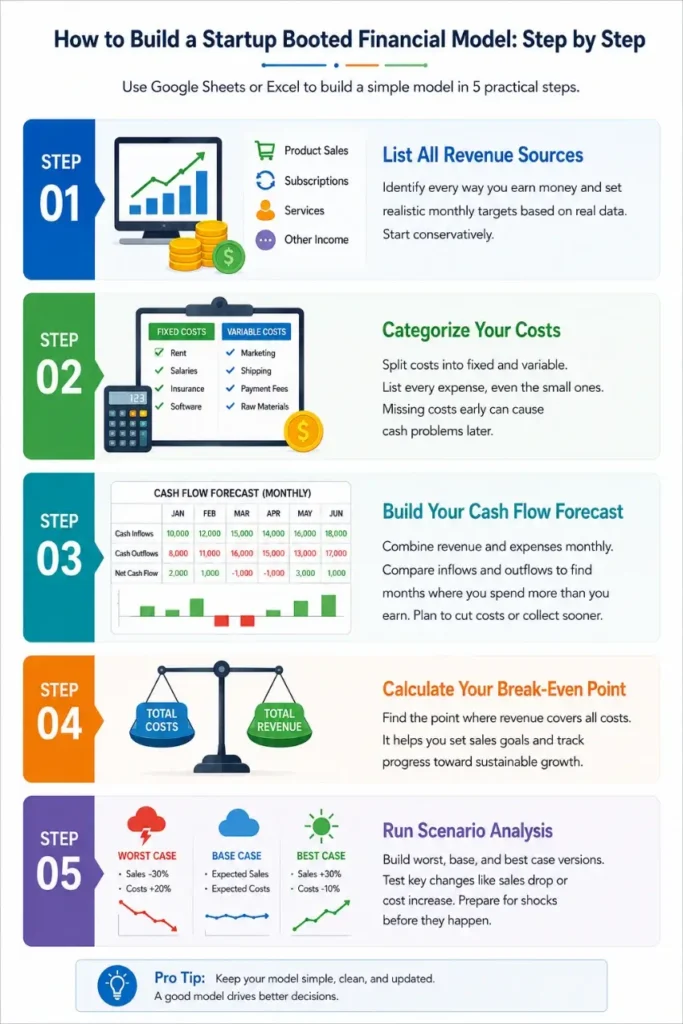 Infographic showing 5 simple steps to build a Startup Booted Financial Model, including revenue planning, cost tracking, cash flow forecasting, break-even analysis, and scenario planning for startup growth. 