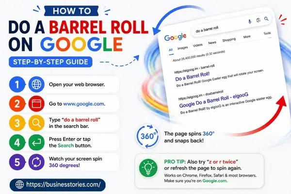 Step by step guide showing how to do a barrel roll on Google search with 360 degree screen spin trick