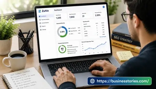 Digital marketer using Zuhio SEO dashboard to analyze keyword density, optimize content, avoid keyword stuffing, and improve search engine rankings.