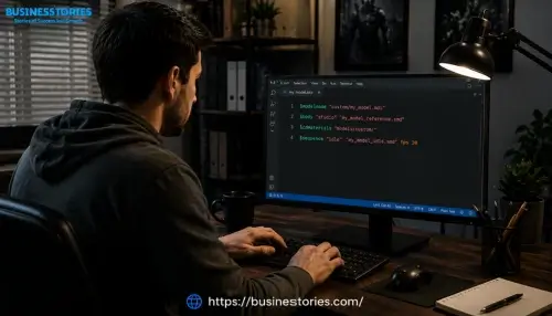 Developer writing a QC script for SFM compilation on a computer to create and compile custom Source Filmmaker models.