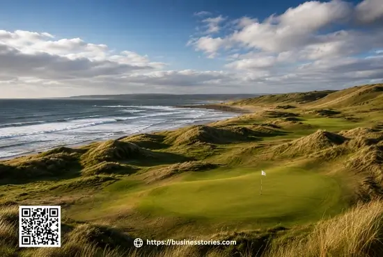 Scenic coastal links golf course with rolling sand dunes, ocean waves, and green fairways under a cloudy sky. 