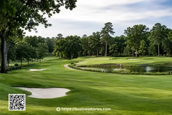 Beautiful parkland Golf Course with lush green fairways, tall trees, sand bunkers, and a peaceful water pond.