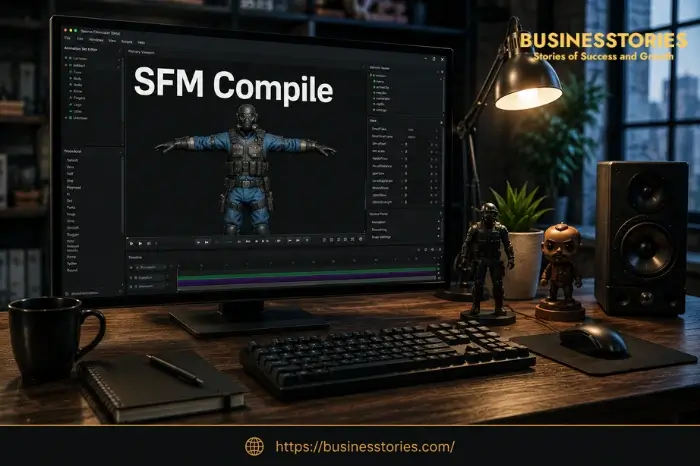 SFM Compile workspace showing custom 3D model creation and Source Filmmaker compilation process for game assets and animations.