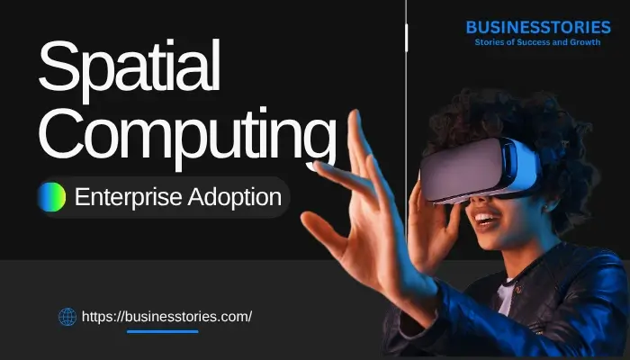 Professional using a VR headset to demonstrate spatial computing enterprise adoption for business collaboration, training, and digital workplace innovation.