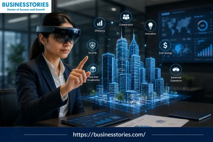 Business professional using augmented reality smart glasses to interact with a 3D digital model, showcasing spatial computing enterprise applications for collaboration and digital transformation.