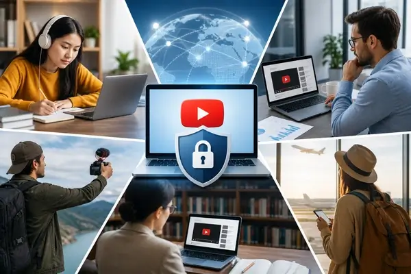 YouTube unblocked proxy concept showing students, remote workers, content creators, researchers, and travelers accessing videos securely on laptops across different environments 