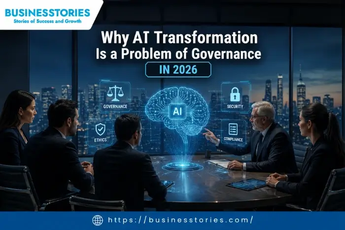 Business leaders discussing why AI Transformation Is a Problem of Governance, focusing on AI security, ethics, compliance, and risk management.