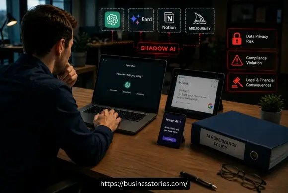 Shadow AI showing why AI Transformation Is a Problem of Governance, with unapproved AI tools creating data privacy, security, and compliance risks.