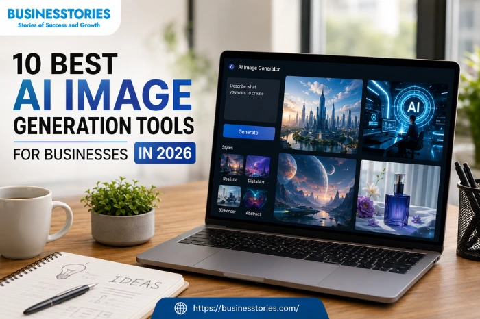 Business professional using AI image generation tools to create high-quality marketing, branding, and digital content in a modern office.