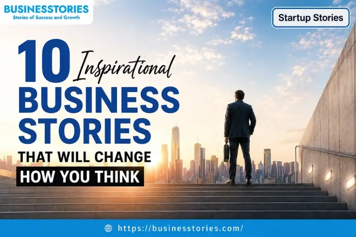 Inspirational business stories featuring a determined entrepreneur overlooking a modern city skyline, symbolizing startup success, leadership, and business growth.