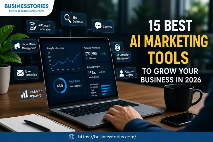 Professional workspace showcasing AI marketing tools, analytics dashboard, SEO, email marketing, chatbots, and social media management for business growth in 2026.