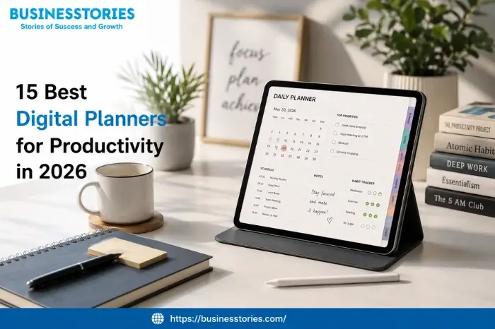 Best digital planners displayed on a tablet in a modern workspace designed for productivity, task management, and daily planning in 2026.