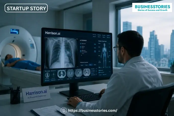 Radiologist using Harrison.ai medical imaging software to analyze AI-assisted diagnostic scans in a modern hospital radiology department.
