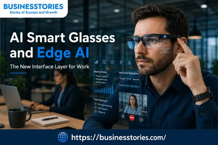 Professional using AI smart glasses with Edge AI to access real-time data, augmented reality interfaces, and workplace collaboration tools.