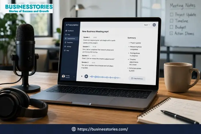 Laptop displaying AI transcription software with microphone and headphones on a modern office desk.