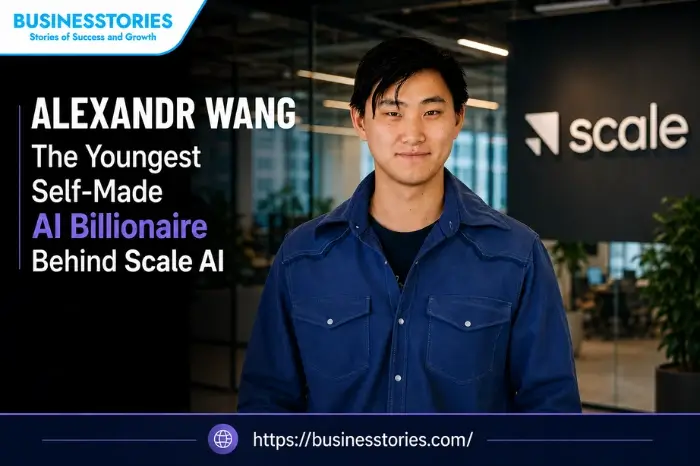 Alexandr Wang at Scale AI headquarters, highlighting his journey from startup founder to the world's youngest self-made AI billionaire.