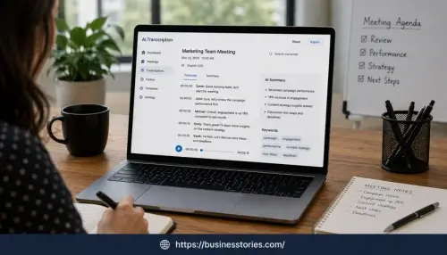 Professional using AI transcription software to convert meeting conversations into searchable text on a laptop.