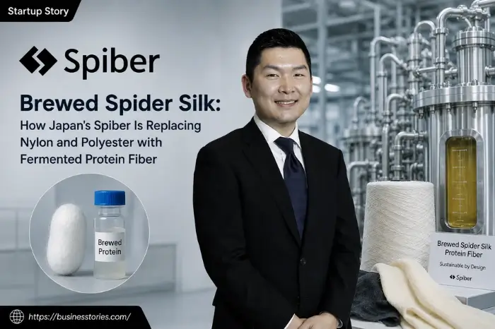 Spiber founder with brewed spider silk protein fiber in a biotechnology facility.