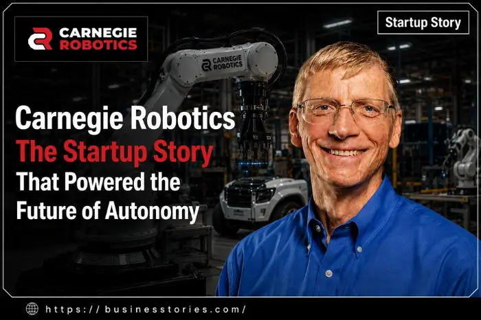 Carnegie Robotics founder with advanced robotic systems and autonomous technology in a modern robotics facility.