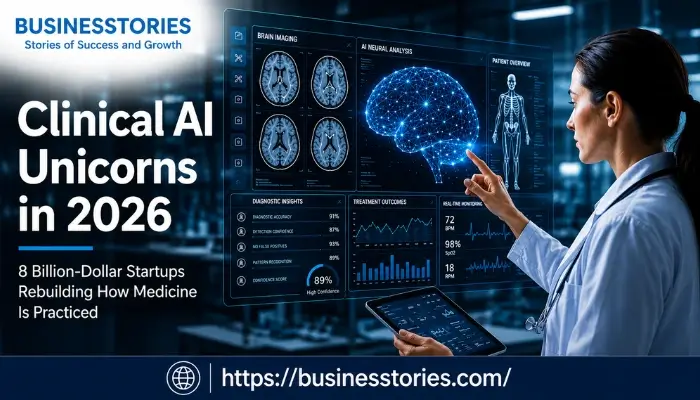 Doctor using advanced AI medical technology in a futuristic healthcare environment representing clinical AI unicorn startups in 2026.