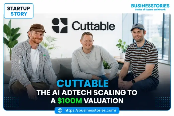 Cuttable founders in a modern office representing the AI AdTech startup story and its growth toward a $100 million valuation.
